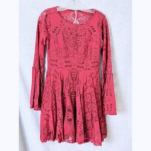 Free People Womens Floral Lace Bell Sleeve Open Back Mini Dress Red Size 2